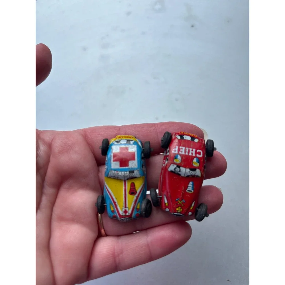 Vintage Tin Litho Toy Cars Set Fire Chief Ambulance Miniature Emergency Vehicles